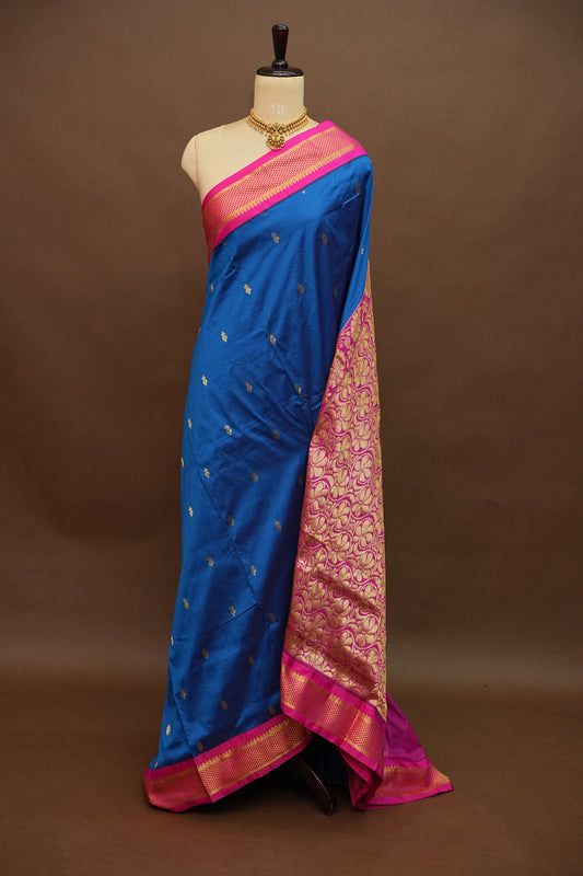 Semi Silk 9-Yard Saree with Grand Pallu & Gatti Border – Blue & Pink
