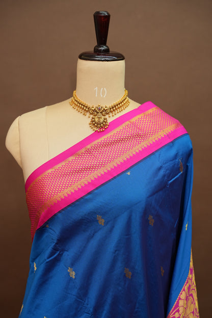 Semi Silk 9-Yard Saree with Grand Pallu & Gatti Border – Blue & Pink