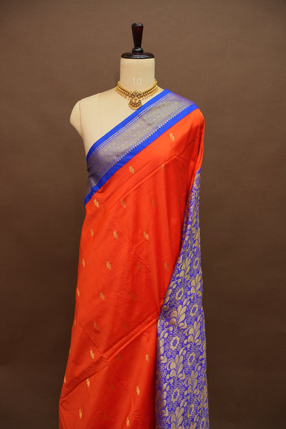 Semi Silk 9-Yard Saree with Grand Pallu & Gatti Border – Red & Blue