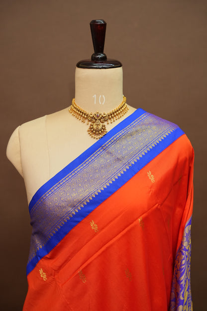 Semi Silk 9-Yard Saree with Grand Pallu & Gatti Border – Red & Blue