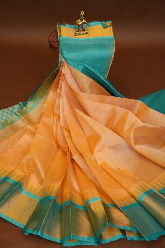 Pure Kuppadam Korvai Pattu Saree-Ivory & Turquoise Green