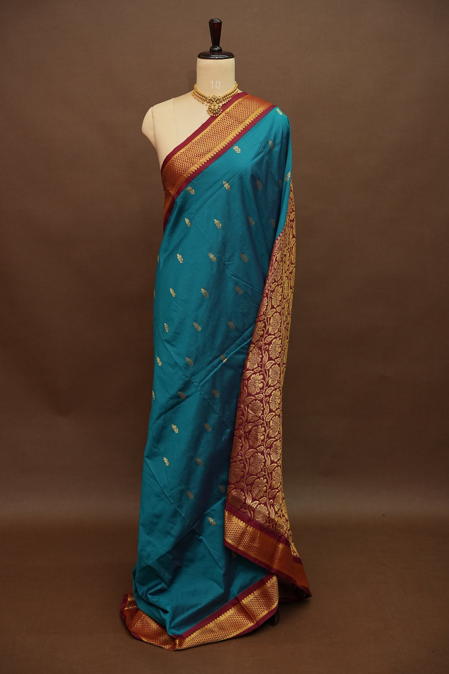 Semi Silk 9-Yard Saree with Paithani Pallu & Gatti Border – Rama Blue & Maroon