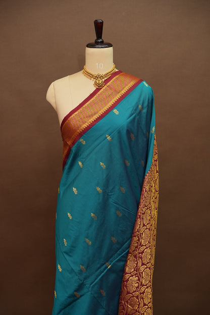 Semi Silk 9-Yard Saree with Paithani Pallu & Gatti Border – Rama Blue & Maroon