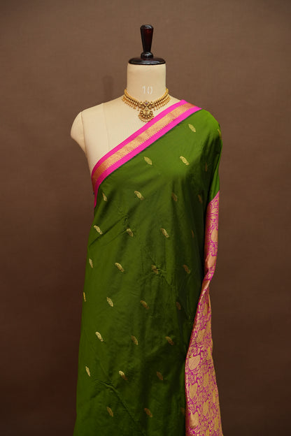 Semi Silk 9-Yard Saree with Paithani Pallu & Gatti Border – Olive Green & Pink