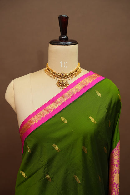 Semi Silk 9-Yard Saree with Paithani Pallu & Gatti Border – Olive Green & Pink