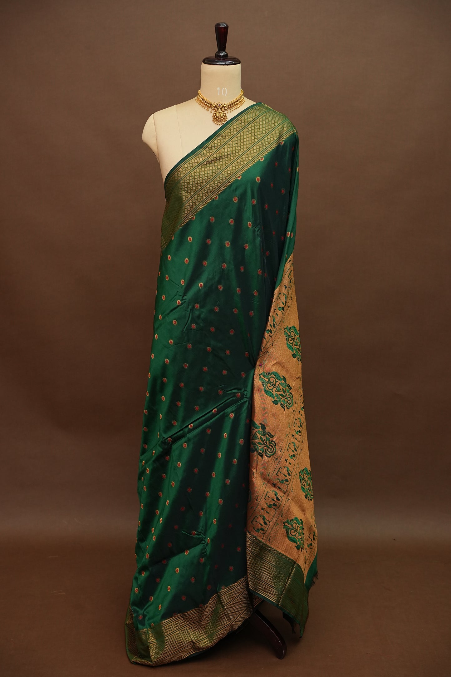 Semi Silk 9-Yard Saree with Paithani Pallu & Gatti Border – Bottle Green