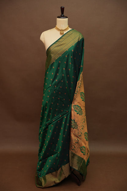 Semi Silk 9-Yard Saree with Paithani Pallu & Gatti Border – Bottle Green