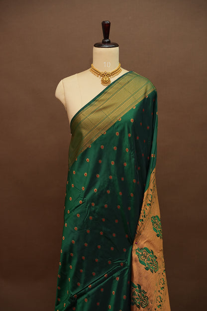 Semi Silk 9-Yard Saree with Paithani Pallu & Gatti Border – Bottle Green