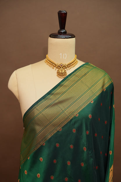 Semi Silk 9-Yard Saree with Paithani Pallu & Gatti Border – Bottle Green