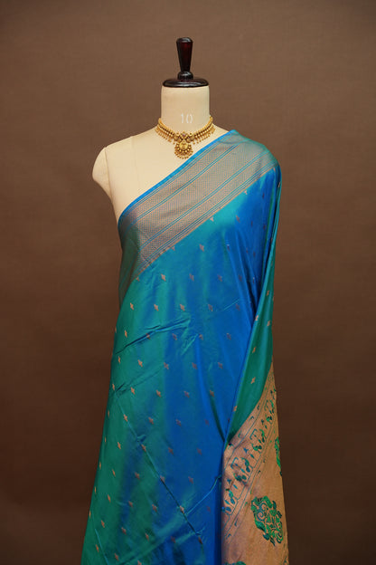Semi Silk 9-Yard Saree with Paithani Pallu & Gatti Border – Dual Tone Blue & Rama Blue