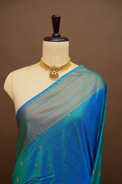 Semi Silk 9-Yard Saree with Paithani Pallu & Gatti Border – Dual Tone Blue & Rama Blue
