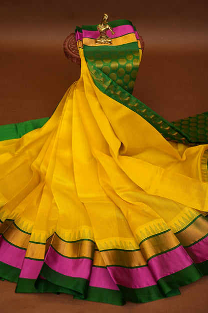 Pure Kuppadam Korvai Pattu Saree-Yellow & Green