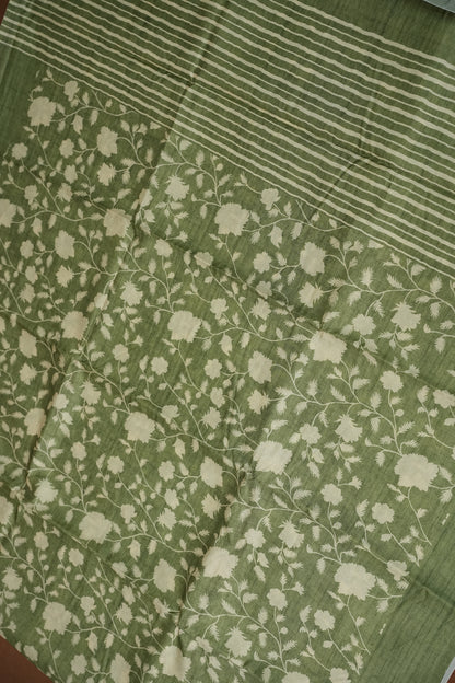 Semi Raw Silk Floral Saree – Sage Green