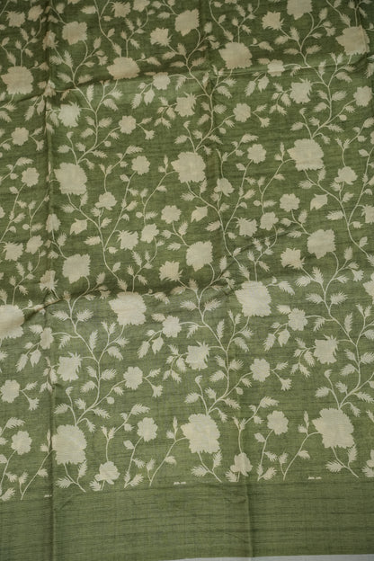 Semi Raw Silk Floral Saree – Sage Green