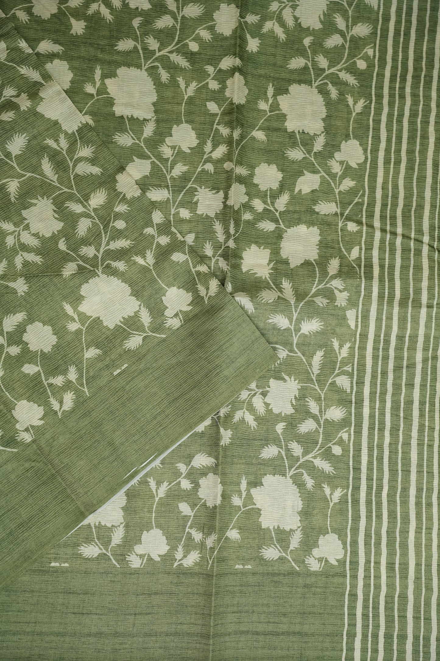 Semi Raw Silk Floral Saree – Sage Green