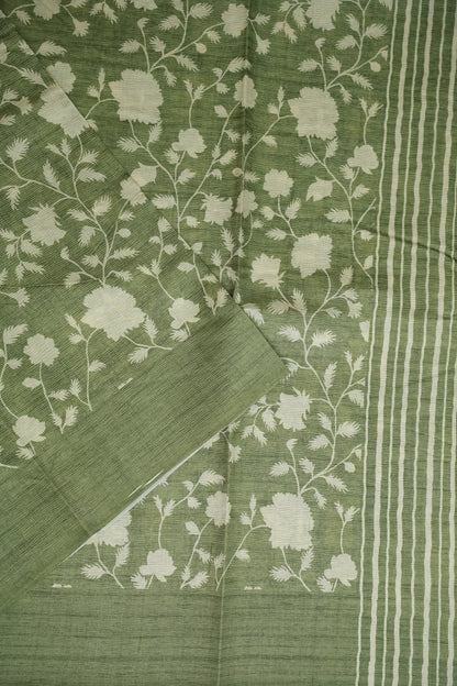 Semi Raw Silk Floral Saree – Sage Green