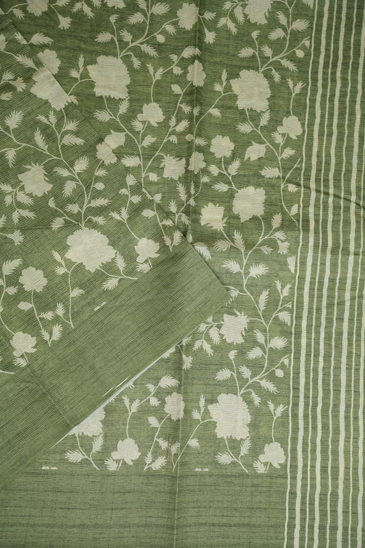 Semi Raw Silk Floral Saree – Sage Green