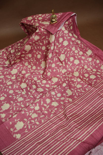 Semi Raw Silk Saree – Rose Pink Floral Elegance