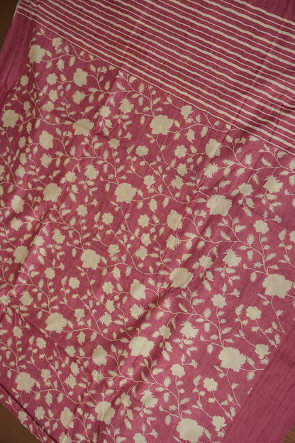 Semi Raw Silk Saree – Rose Pink Floral Elegance