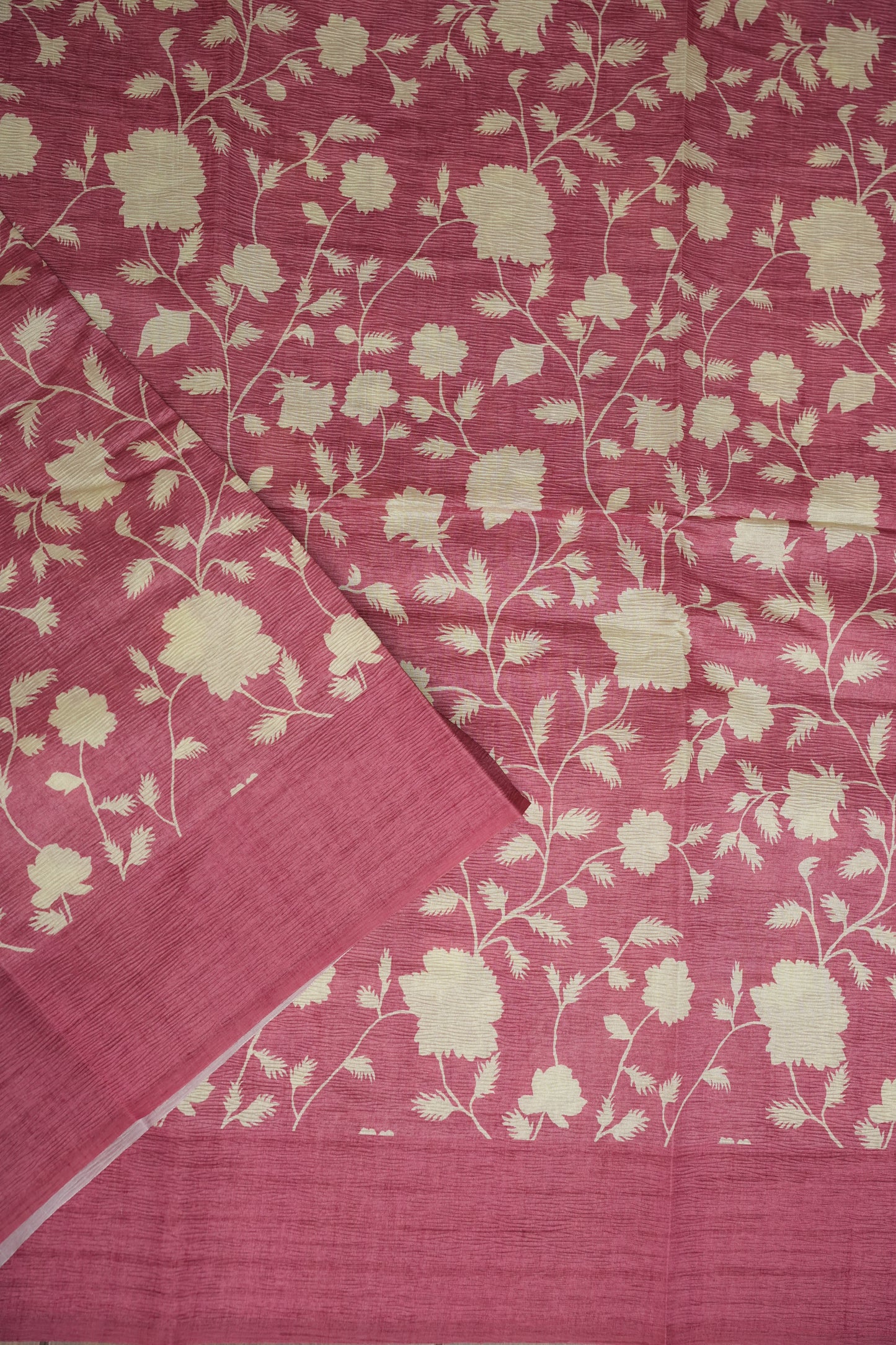 Semi Raw Silk Saree – Rose Pink Floral Elegance