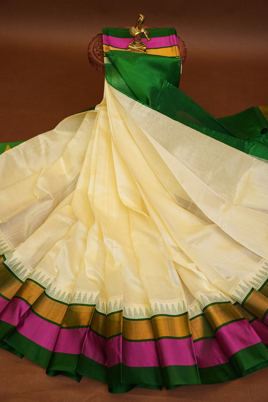 Pure Kuppadam Korvai Pattu Saree-Ivory & Green