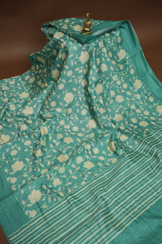 Semi Raw Silk Saree – Aqua Bloom Elegance
