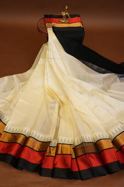 Pure Kuppadam Korvai Pattu Saree-Ivory & Black