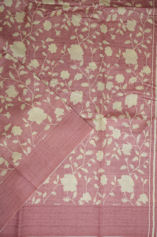 Semi Raw Silk Saree – Blush Pink Floral Elegance