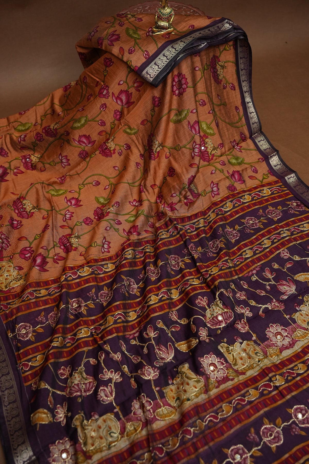 Chanderi Cotton Saree with Kalamkari Prints & Embroidered Pallu – Peach & Purple