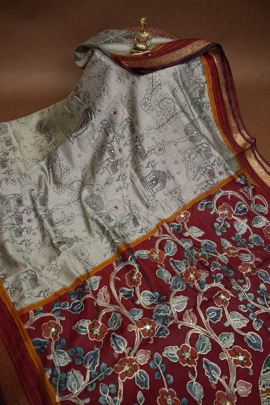 Chanderi Cotton Saree with Kalamkari Prints & Embroidered Pallu – Grey & Maroon