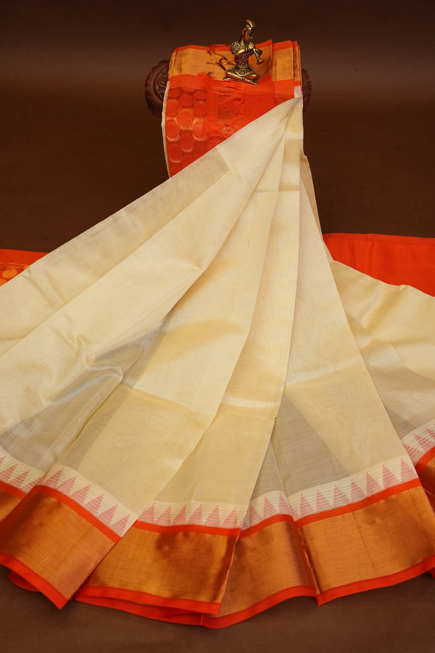 Pure Kuppadam Korvai Pattu Saree-Ivory and Orange