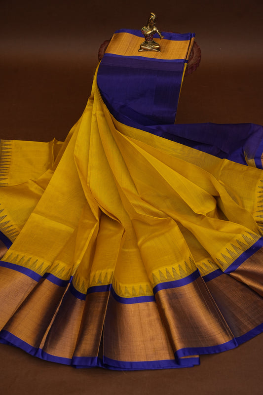 Pure Kuppadam Korvai Pattu Saree-Golden Yellow & Blue