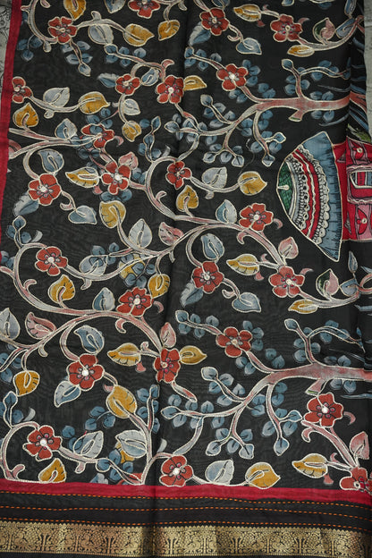 Chanderi Cotton Saree with Kalamkari Prints & Embroidered Pallu – Grey & Black