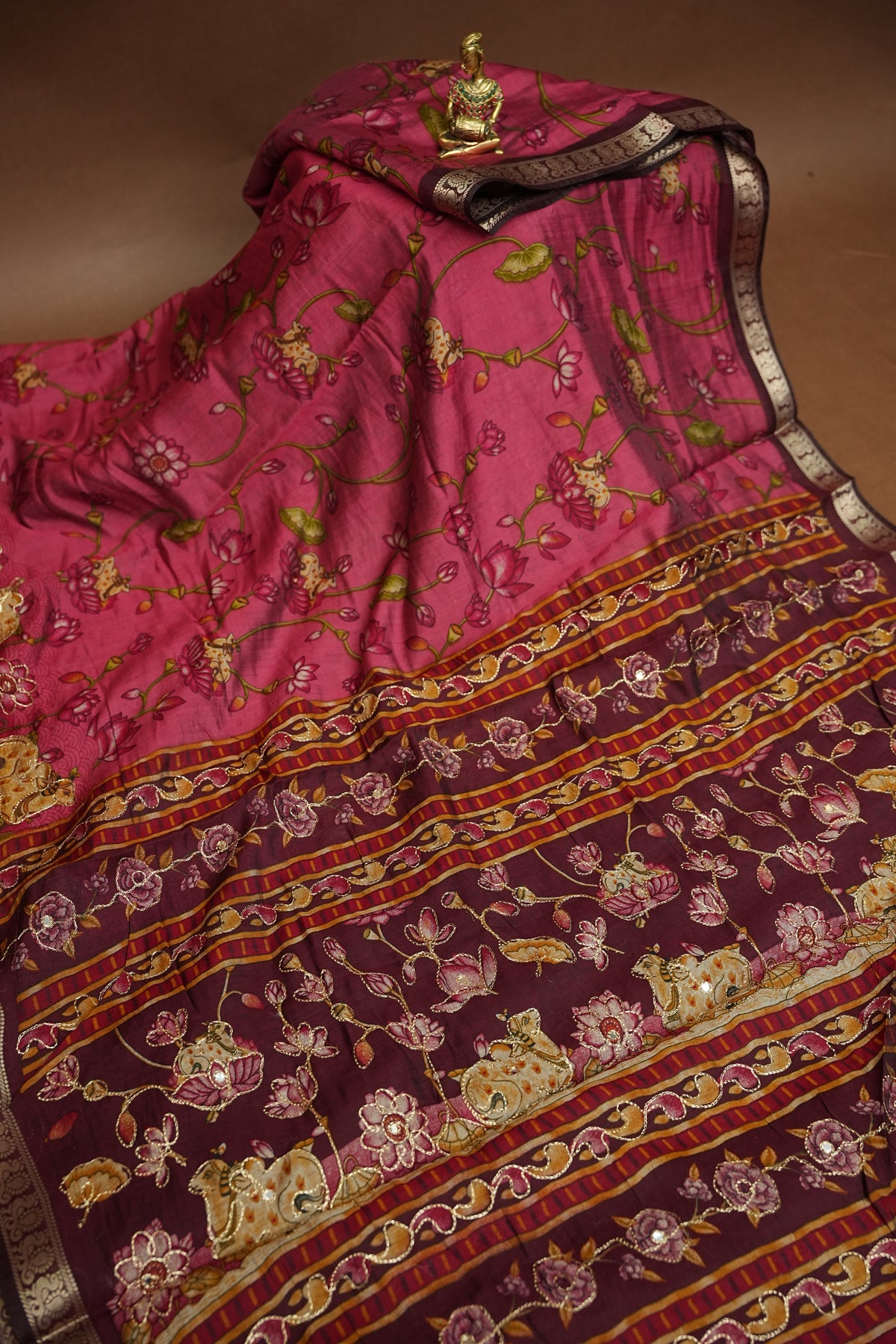 Chanderi Cotton Saree with Kalamkari Prints & Embroidered Pallu – Pink & Maroon
