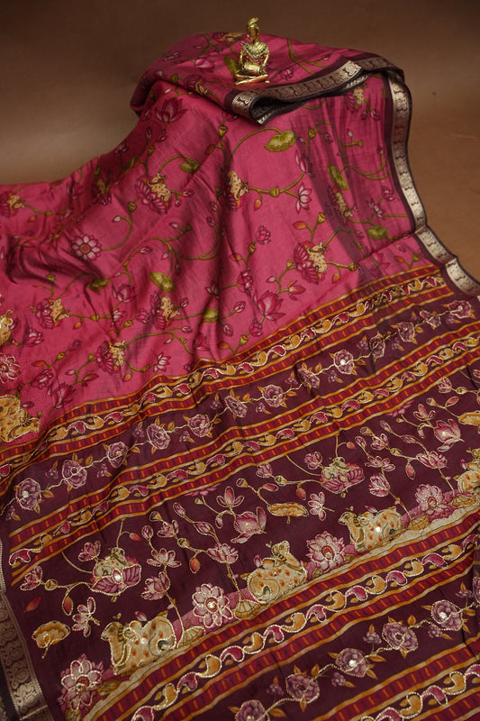 Chanderi Cotton Saree with Kalamkari Prints & Embroidered Pallu – Pink & Maroon