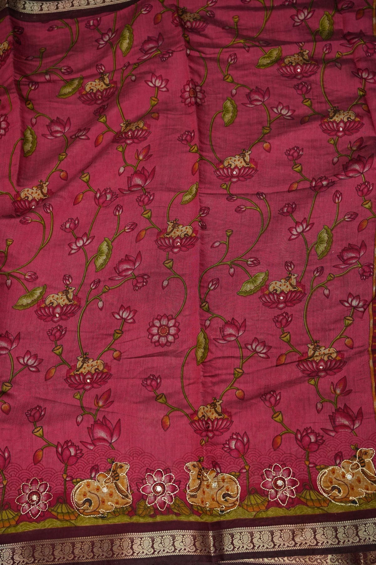 Chanderi Cotton Saree with Kalamkari Prints & Embroidered Pallu – Pink & Maroon