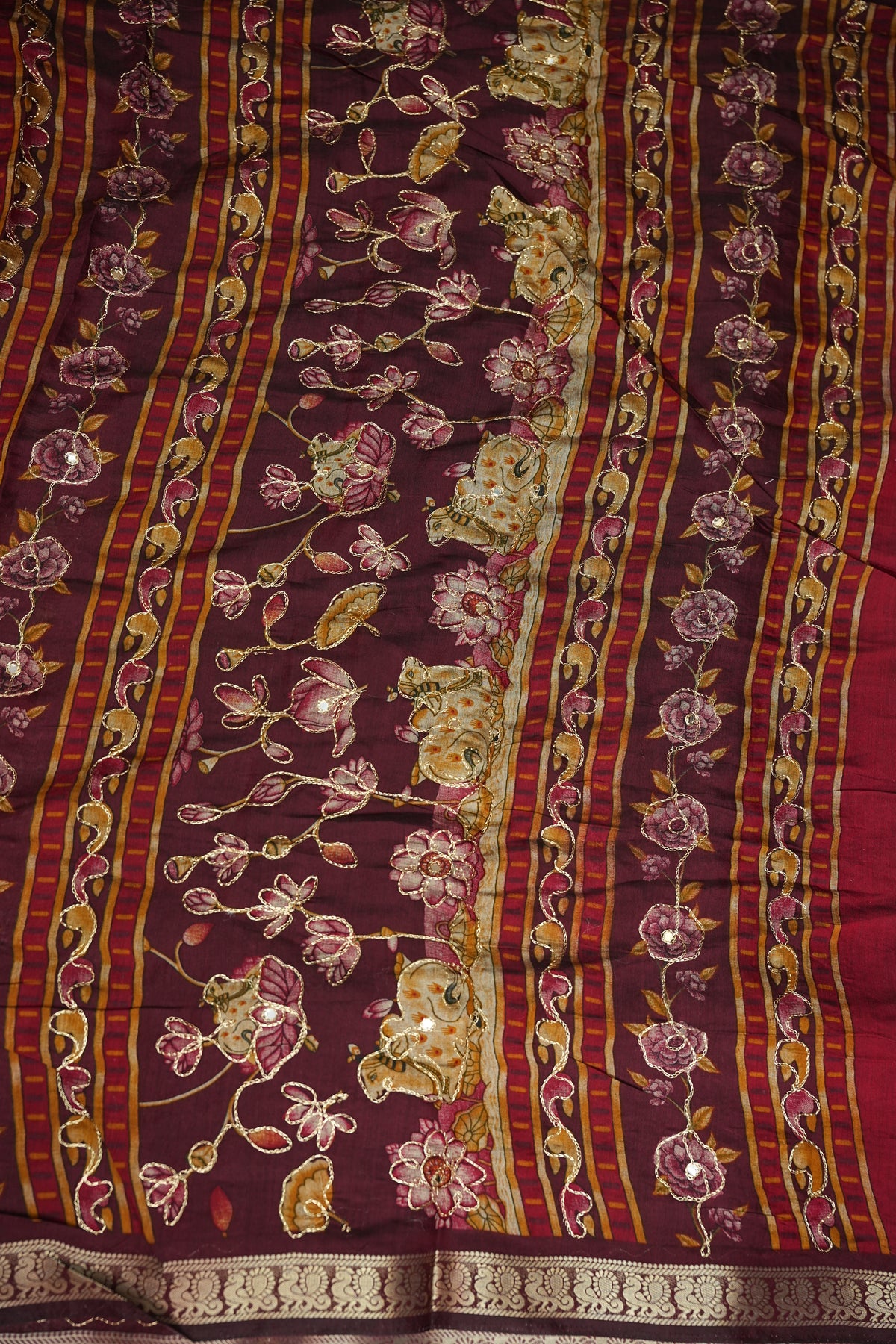 Chanderi Cotton Saree with Kalamkari Prints & Embroidered Pallu – Pink & Maroon