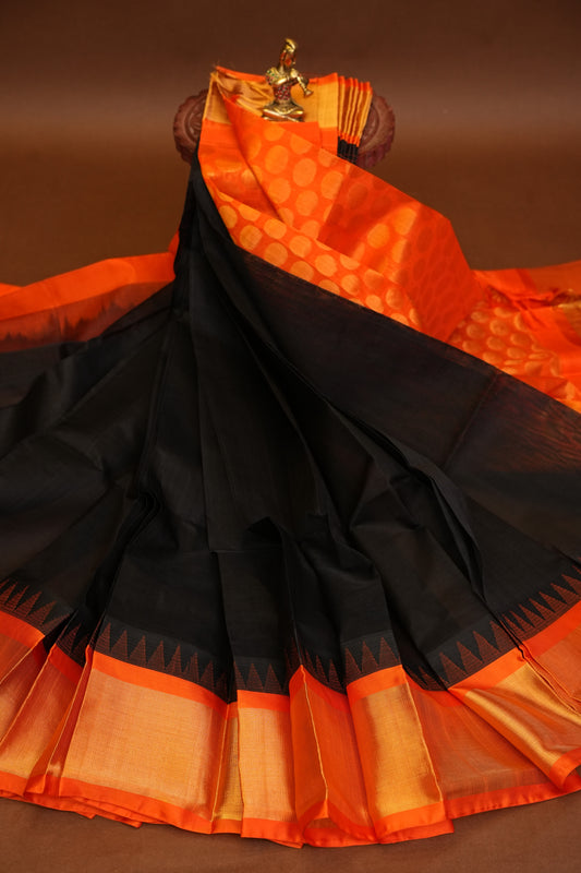 Pure Kuppadam Korvai Pattu Saree-Black & Orange