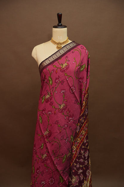 Chanderi Cotton Saree with Kalamkari Prints & Embroidered Pallu – Pink & Maroon