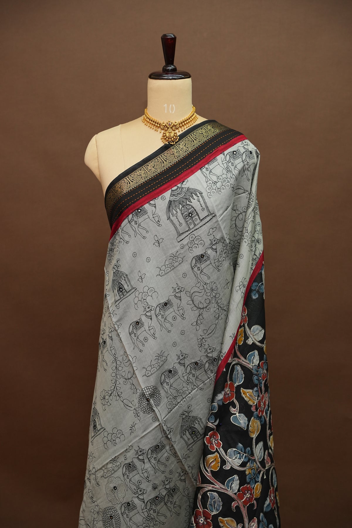 Chanderi Cotton Saree with Kalamkari Prints & Embroidered Pallu – Grey & Black