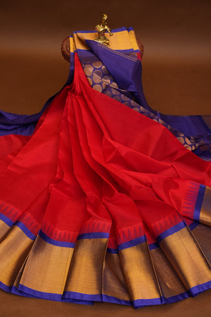 Pure Kuppadam Korvai Pattu Saree-Red & Royal Blue