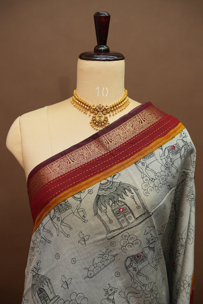 Chanderi Cotton Saree with Kalamkari Prints & Embroidered Pallu – Grey & Maroon