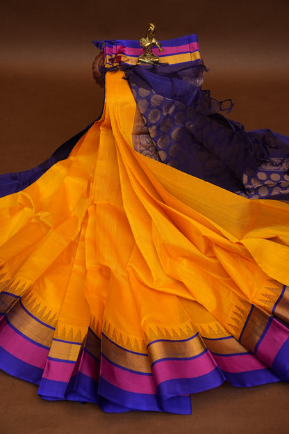 Pure Kuppadam Korvai Pattu Saree-Yellow & Blue