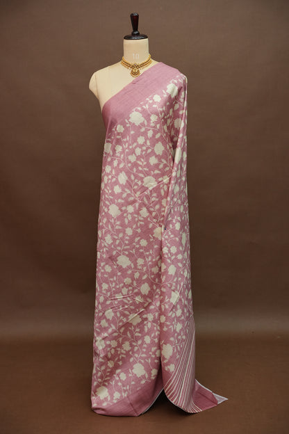 Semi Raw Silk Saree – Blush Pink Floral Elegance