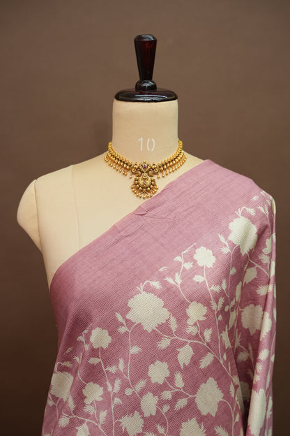 Semi Raw Silk Saree – Blush Pink Floral Elegance