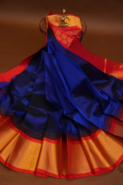 Pure Kuppadam Korvai Pattu Saree-Royal Blue & Red