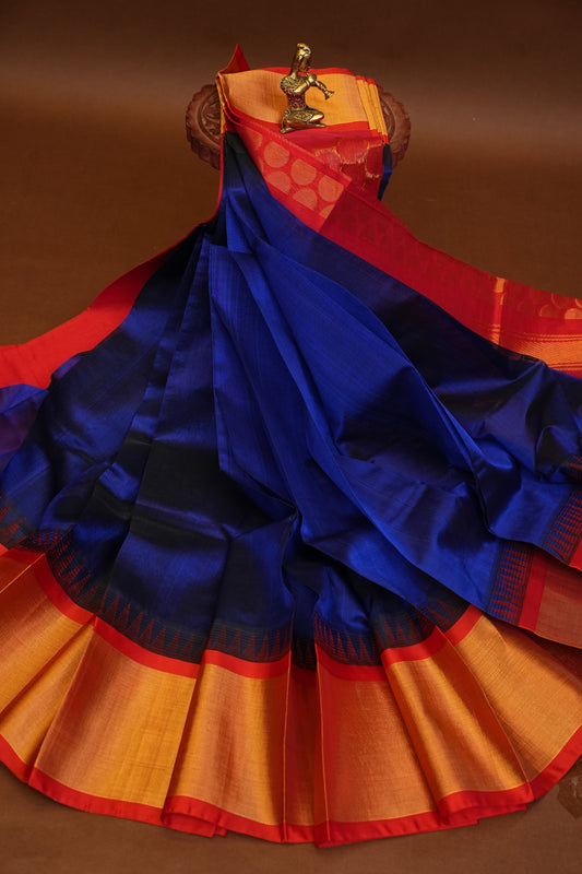Pure Kuppadam Korvai Pattu Saree-Royal Blue & Red