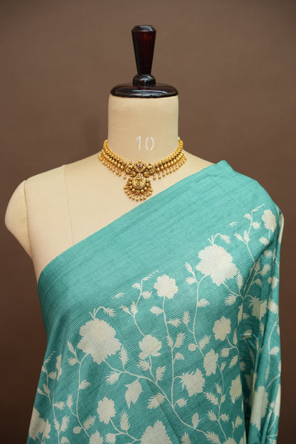 Semi Raw Silk Saree – Aqua Bloom Elegance
