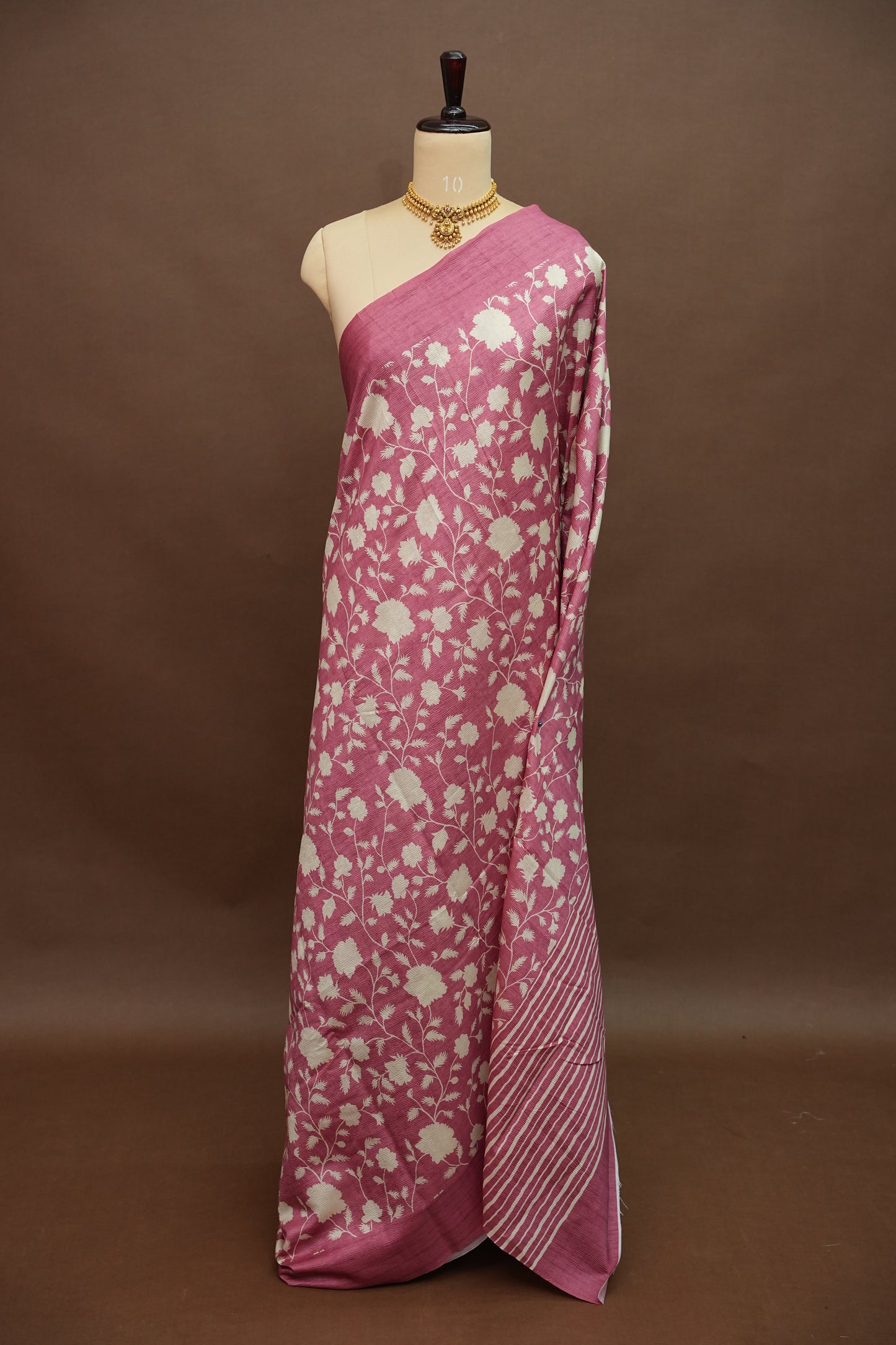 Semi Raw Silk Saree – Rose Pink Floral Elegance
