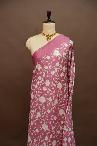Semi Raw Silk Saree – Rose Pink Floral Elegance